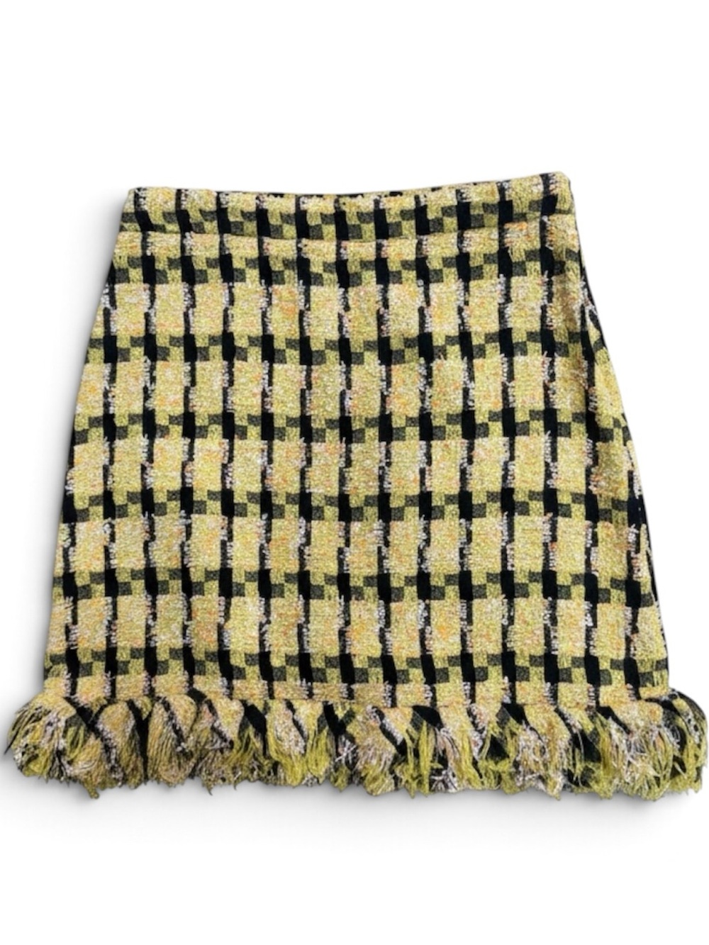 BOUTIQUE MOSCHINO YELLOW BLACK TWEED FRINGE MINI SKIRT | IT 44 / US 10